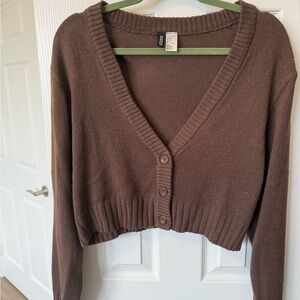 H&M Brown Cropped V-Neck Button Cardigan